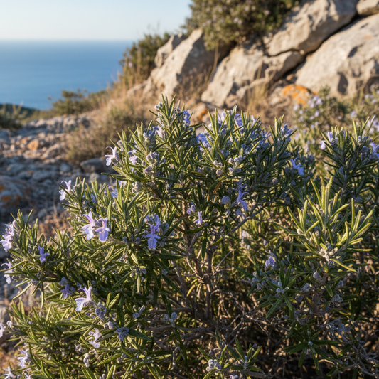 Rosemary bush with blue flowers on a rocky hillside with ocean view